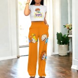 Casual Digital Printing Round Neck Pants Set