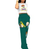 Casual Digital Printing Round Neck Pants Set