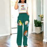 Casual Digital Printing Round Neck Pants Set