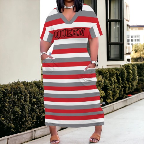 Large Size Fashion Printed V Neck Women's Long Dresses