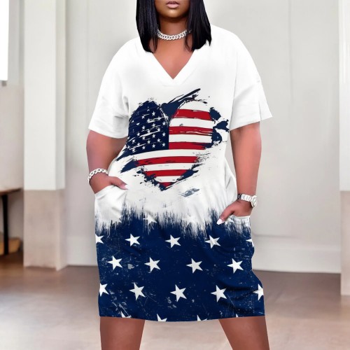 Large Size Fashion Printed Clothings V Neck Women's Midi Dresses
