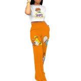 Casual Digital Printing Round Neck Pants Set