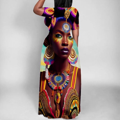 Casual Digital Printing Short Sleeve Maxi Dresses