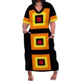 Large Size Fashion Printed V Neck Women's Long Dresses