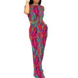 Casual Digital Printing Round Neck Pants Set