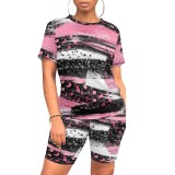 Casual Digital Printing Stitching Short Set