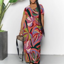 Casual Digital Printing Short Sleeve V Neck Maxi Dresses