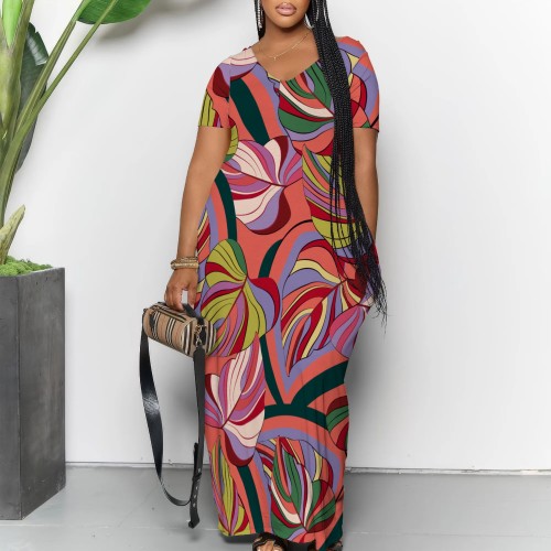 Casual Digital Printing Short Sleeve V Neck Maxi Dresses