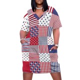 Large Size Fashion Printed Clothings V Neck Women's Midi Dresses