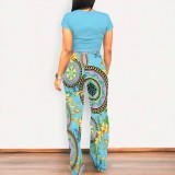 Casual Digital Printing Round Neck Pants Set