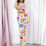 Casual Digital Printing Letter Round Neck Pant Set