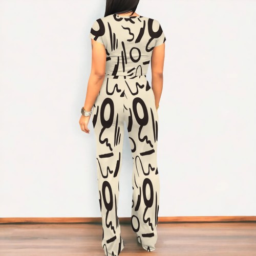 Casual Digital Printing Round Neck Pants Set
