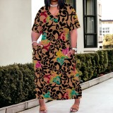 Large Size Fashion Printed V Neck Women's Long Dresses