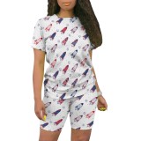 Casual Digital Printing O Neck Short Set