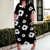 Large Size Fashion Printed V Neck Women's Long Dresses