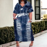 Large Size Fashion Printed V Neck Women's Long Dresses