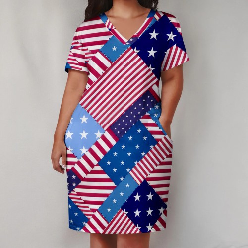 Large Size Fashion Loose Printed V Neck Women's Midi Dresses