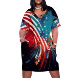 Large Size Fashion Printed Outfit V Neck Women's Midi Dresses