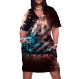 Large Size Fashion Printed Outfit V Neck Women's Midi Dresses