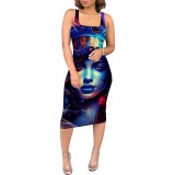 Casual Digital Printing Sleeveless Square Neck Midi Dress