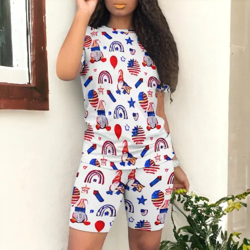 Casual Digital Printing O Neck Short Set