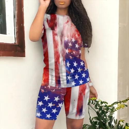 Casual Digital Printing O Neck Short Set