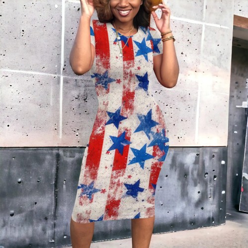 Casual Digital Printing O Neck Midi Dress