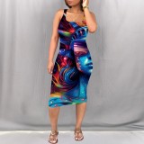 Casual Digital Printing Sleeveless Square Neck Midi Dress