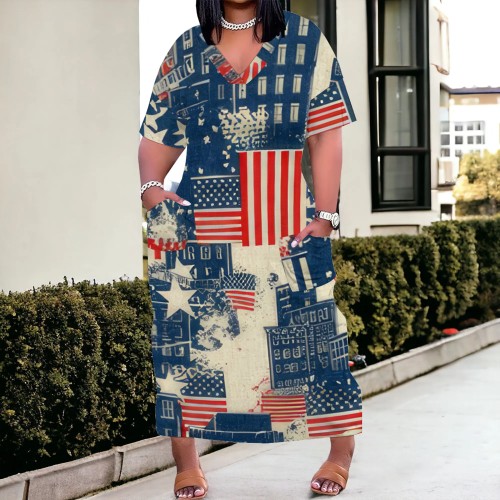 Large Size Fashion Printed Outfit V Neck Women's Maxi Dresses