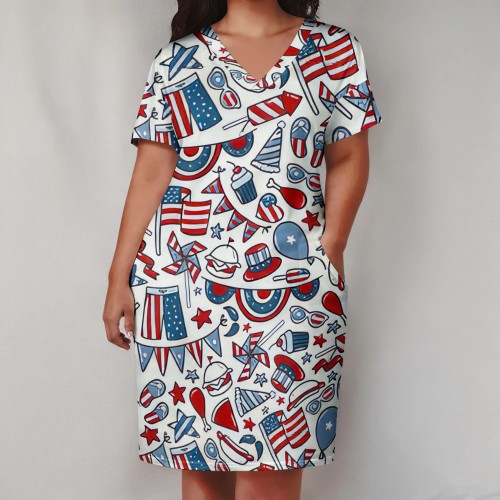 Large Size Fashion Loose Printed V Neck Women's Midi Dresses