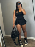 Solid Straps Pile Pleated Flared Skirt Set with Safety Pants