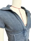 Lapel Deep V Short Sleeve Cotton Thread Washed Short Set
