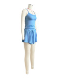 Solid Straps Pile Pleated Flared Skirt Set with Safety Pants