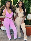 Cotton Washed Distressed Ribbed Zip Top & Flared Pants Set