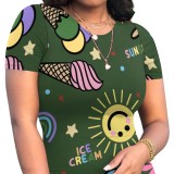 Casual Digital Printing Short Sleeve O Neck Midi Dress