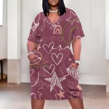 Large Size Casual Printed Outfits V Neck Women's Midi Dresses