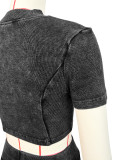 Cotton Washed Distressed Ribbed Zip Top & Flared Pants Set