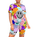 Casual Emoji Sitching Digital Printing Shorts Set