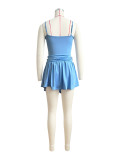 Solid Straps Pile Pleated Flared Skirt Set with Safety Pants