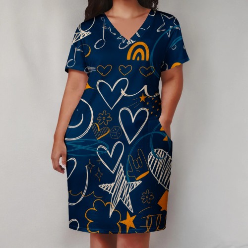 Large Size Casual Printed Outfits V Neck Women's Midi Dresses