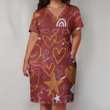 Large Size Casual Printed Outfits V Neck Women's Midi Dresses