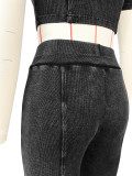 Cotton Washed Distressed Ribbed Zip Top & Flared Pants Set