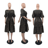 Fashion High Quality Stitching Flying Sleeves Lace-up Pleated Dress