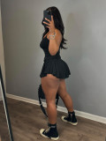 Solid Straps Pile Pleated Flared Skirt Set with Safety Pants