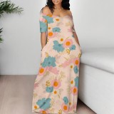 Casual Digital Printing Short Sleeve Off Shoulder Maxi Dresses