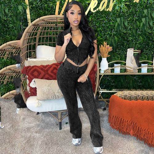 Cotton Washed Distressed Ribbed Zip Top & Flared Pants Set