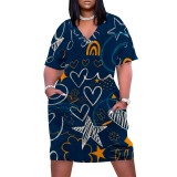 Large Size Casual Printed Outfits V Neck Women's Midi Dresses