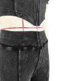 Cotton Washed Distressed Ribbed Zip Top & Flared Pants Set
