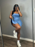 Solid Straps Pile Pleated Flared Skirt Set with Safety Pants