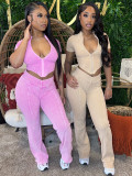 Cotton Washed Distressed Ribbed Zip Top & Flared Pants Set